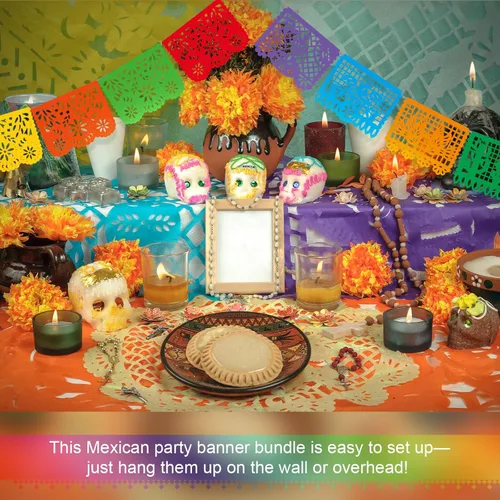 Miniatura 6 de Kinlop 20 pancartas de fiesta mexicana de 15 pies para fiesta de papel picado a granel Cinco de Mayo, banderas de Día de los Muertos Día