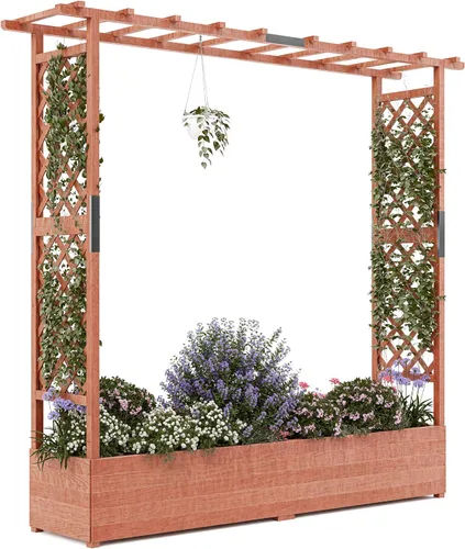 Miniatura 12 de GarveeLife Paquete de 2 macetas altas de madera con enrejado, cama de jardín elevada de 61.5 pulgadas de alto sobre ruedas, maceta vertical