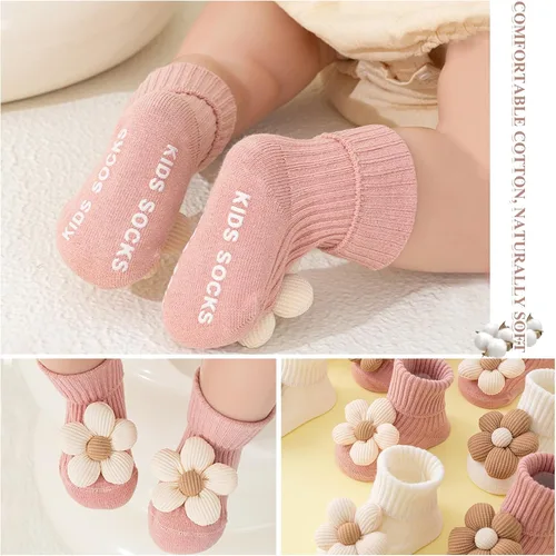 Miniatura 4 de 4 pares de calcetines antideslizantes para niños pequeños con agarres, calcetines de flores para bebé, niños y niñas, calcetines antideslizantes