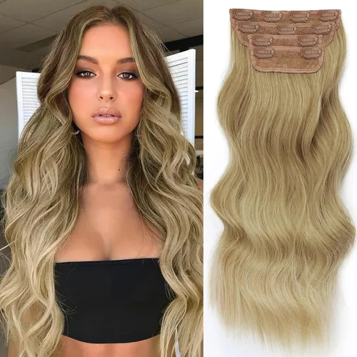 Miniatura 46 de Extensiones de cabello con clip de Vigorous de 20 pulgadas, con reflejos rubio playa, extensiones de cabello ondulado largo y suave de cabello