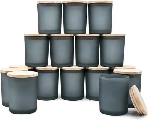 SHOWIN Tarros Gruesos para Velas para Hacer Velas 16 Piezas, 7 OZ Tarros Vacíos con Tapas de Madera para Hacer Velas, Contenedor de Muestra, Gris