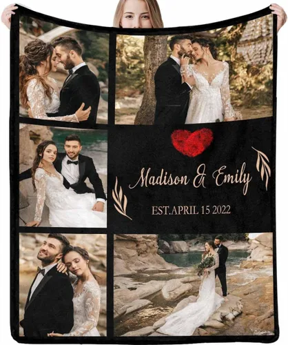 Miniatura 18 de Manta de fotos personalizada, manta de pareja de boda, con texto en inglés «He Asked And She Said Yes», 4 fotos, manta de boda, regalo romántico