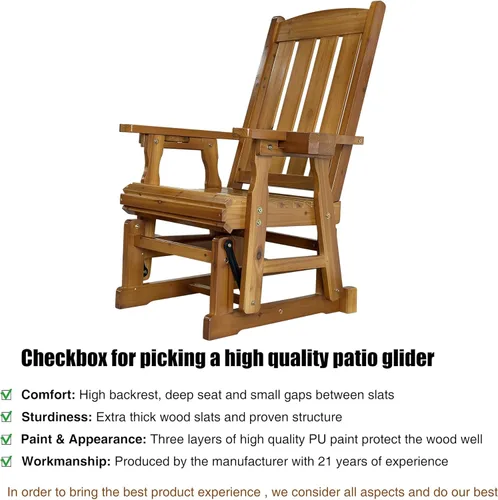 Miniatura 4 de Fortune Candy Planeador de madera para patio para una persona, con respaldo alto y asiento contorneado profundo, madera de abeto maciza, resistente