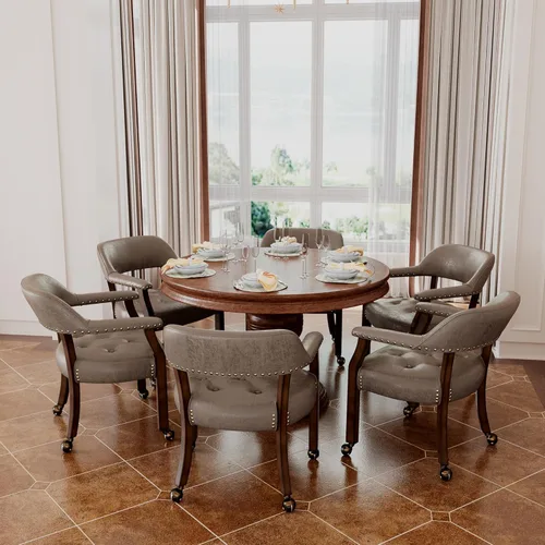 Miniatura 25 de Juego de 8 sillas de cuero de comedor con ruedas y brazos, silla de capitán Accent con ruedas, sillas de madera con ruedas enrollables para cocina