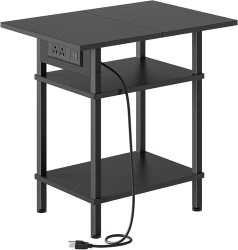 Miniatura 9 de Asgolion - Mesa auxiliar alta con estación de carga, mesita de noche delgada con puertos USB y tomas de corriente, mesa lateral estrecha de 3 Negro