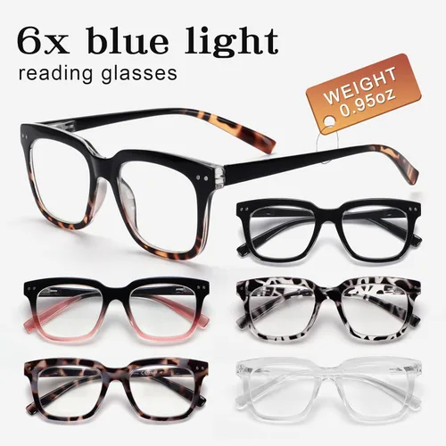 Miniatura 2 de Paquete de 6 lentes de lectura de moda para mujeres y hombres, bloqueo de luz azul, lectores cuadrados de gran tamaño con bisagra de resorte Paquete