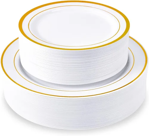 JollyPack 100 platos desechables de plástico dorado para fiesta, incluyendo 50 platos llanos de 10 pulgadas y 50 7 pulgadas para postre, ideal para