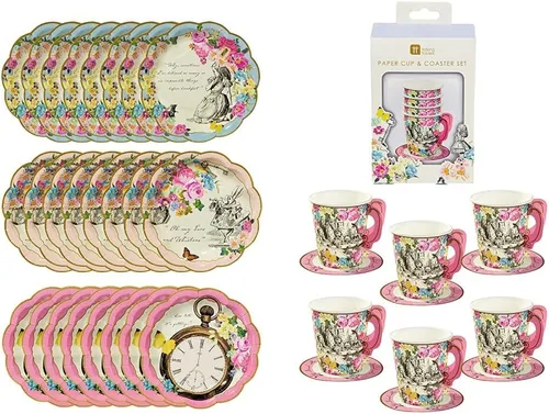 Talking Tables Paquete de 24 platos de papel desechables con temática de Alicia en el país de las maravillas, color rosa y juego de tazas para