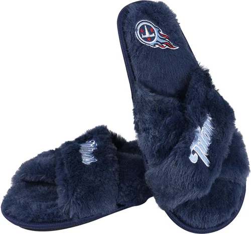 Miniatura 33 de FOCO Pantuflas deslizantes cruzadas mullidas con logotipo de texto del equipo NFL para mujeres