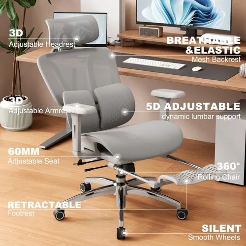 Miniatura 3 de Vonesse Silla de oficina ergonómica con reposapiés, sillas de escritorio con reposacabezas y reposabrazos ajustables 3D, silla de juegos de Gris