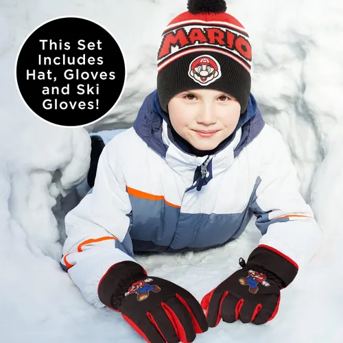 Miniatura 2 de Nintendo Sombrero de invierno para niños con guantes de punto y guantes de esquí aislados Super Mario para niños de 4 a 7 años Mario
