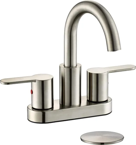 TimeArrow Grifo de Lavabo de Baño Centerset de 2 Manijas Níquel Cepillado con Ensamblaje de Desagüe, Arco Alto Moderno de 4 Pulgadas Grifo de Níquel