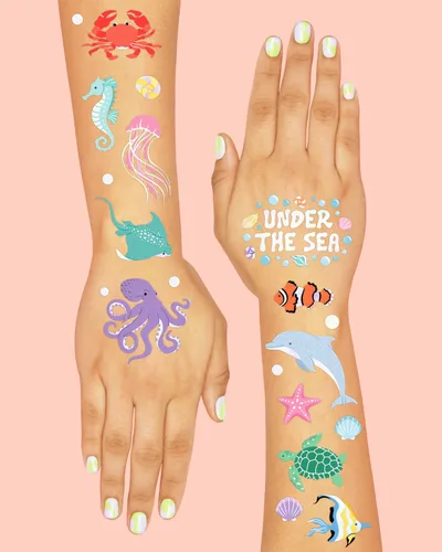 Miniatura 3 de xo, Fetti Tatuajes temporales de criaturas marinas subacuáticas - 64 estilos Suministros para fiestas de cumpleaños de animales del océano