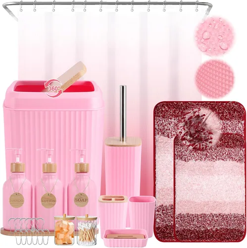 Juego de 32 piezas de accesorios de baño de color rosa con cortina de ducha, tapetes, 3 dispensadores de jabón y loción, 6 etiquetas de madera,
