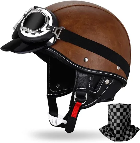 Miniatura 17 de Casco de motocicleta estilo alemán estilo retro medio casco de cuero medio abierto - aprobado por DOT para hombres y mujeres vintage motocicleta