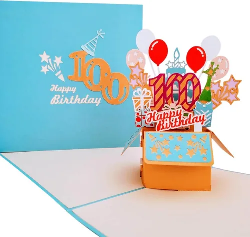 iGifts And Cards Tarjeta desplegable 3D de cumpleaños número 100: caja de fiesta azul centro de mesa de champán - Saludo de hito para padres,