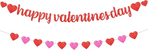KatchOn, Cartel de feliz San Valentín con purpurina, 10 pies, sin bricolaje, guirnalda de corazón rojo y rosa para decoraciones del día de San