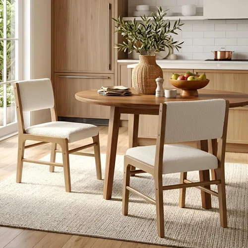 Miniatura 9 de HNY Juego de 2 sillas de comedor de lino beige con marco de madera negra, silla de cocina tapizada de tela moderna con respaldo rectangular, sillas