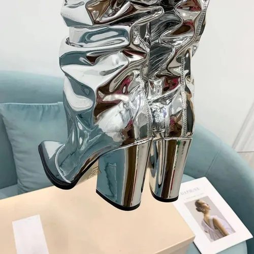 Miniatura 3 de Vertundy Botas altas hasta la rodilla metálicas con punta puntiaguda para mujer, botas altas de tacón alto de charol plisadas, botas largas plisadas