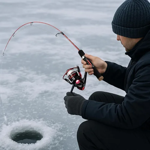 Miniatura 7 de WIDDEN Combo de caña de pescar en hielo y carrete, caña de pescar de hielo mediana de 27 pulgadas, equipo con kit de caja de aparejos, línea, Rojo