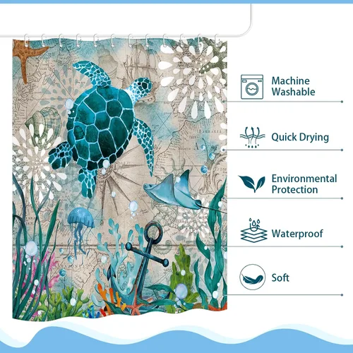 Miniatura 4 de Moutina Cortina de ducha náutica de tortuga marina, decoración de baño con temática oceánica, juego de cortina de ducha costera de playa, 72 x 72