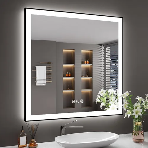 Miniatura 75 de Espejo de baño LED de 60x36 pulgadas con marco negro, espejos de baño retroiluminados y con luz frontal para pared, antiempañamiento, regulable