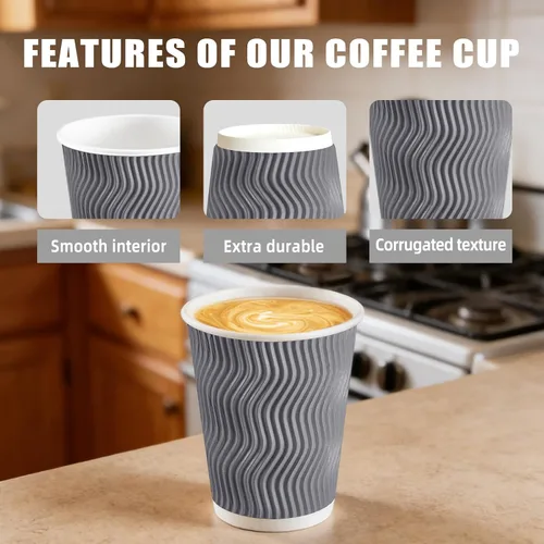 Miniatura 5 de BYSNOW Paquete de 100 tazas de café de 8 onzas con tapas, tazas de café aisladas desechables para llevar, tazas de café de papel onduladas