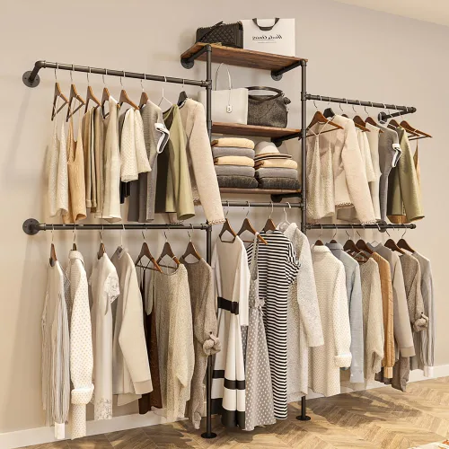 Miniatura 9 de KaKaBB Perchero de ropa estilo tubería industrial - Perchero de ropa de alta resistencia para montar en la pared, sistema de armario en esquina