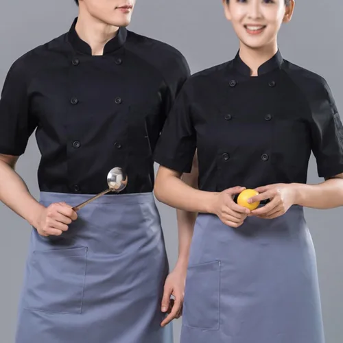 Miniatura 3 de Abrigos de chef unisex de manga corta, uniforme de chef de trabajo, con bolsillo, chaqueta de cocina con cierre de botón
