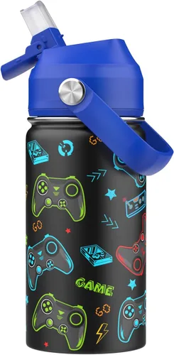ACESAK Botella de agua aislada para niños de 14 onzas con tapa con pajilla, vaso de viaje de acero inoxidable 18/8, vaso de viaje de doble pared al