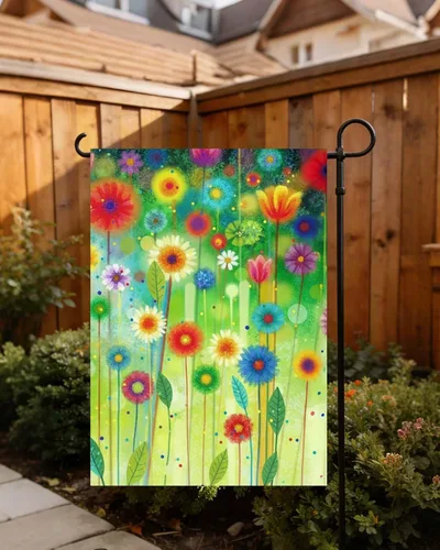 Miniatura 3 de Bandera abstracta de acuarela de primavera con flores verdes de temporada, pintura artística para jardín, patio, 12 x 18 pulgadas, poliéster