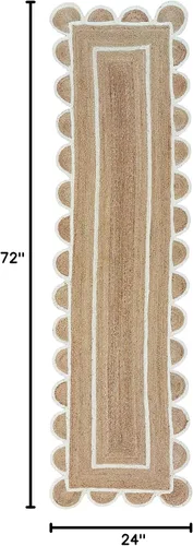 Miniatura 2 de Alfombra festoneada de yute natural, base natural, borde blanco hueso, 2 pies x 6 pies