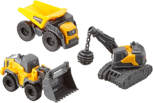 Dickie Toys Volvo Micro Builders - Juego de 3 juguetes para construcción, excavadora, juego de 3 vehículos de construcción, 2 diseños diferentes,