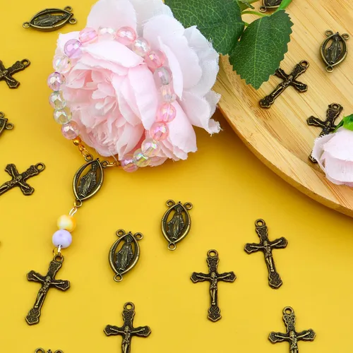 Miniatura 7 de 40 piezas de rosario de aleación tibetana con cruz y centro de María Milagrosa Medalla Jesús Crucifijo Crucifijo y eslabones ovalados de araña