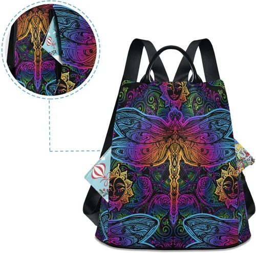 Miniatura 4 de senya Mochila de moda para mujer, mochila étnica de libélula colorida arcoíris para mujeres y niñas, Libélula étnica, Mochilas Daypack