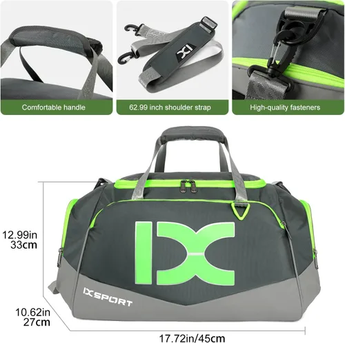 Miniatura 2 de INOXTO Bolsa de deporte de fitness con compartimento para zapatos, impermeable, bolsa de viaje para mujeres y hombres, Gris, verde