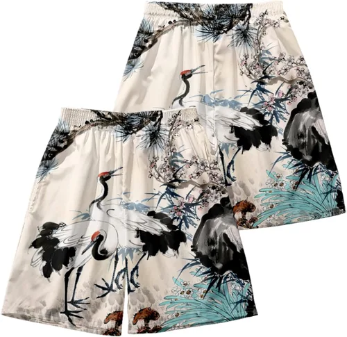 Miniatura 3 de DOSLAVIDA Conjunto de chaqueta kimono japonesa para hombre, elegante abrigo frontal abierto con pantalones cortos, estilo chino, cárdigan impreso