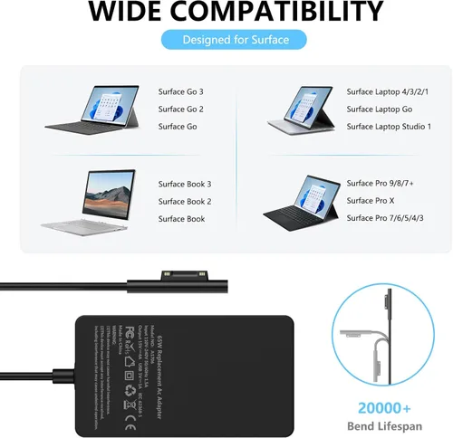 Miniatura 2 de Adaptador de fuente de alimentación para cargador de laptop Surface Pro de 65 W para Microsoft Surface Pro 11/10/9/8/7+/7/6/5/4/3, Surface Book