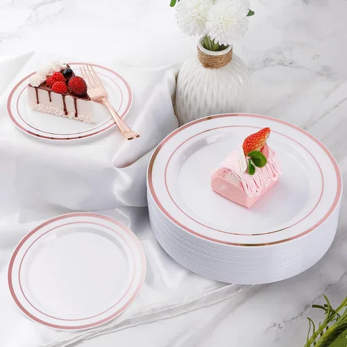 Miniatura 6 de Goodluck Juego de 600 piezas de platos desechables de oro rosa para 100 invitados, platos de plástico para fiesta, boda, juego de vajilla de 100