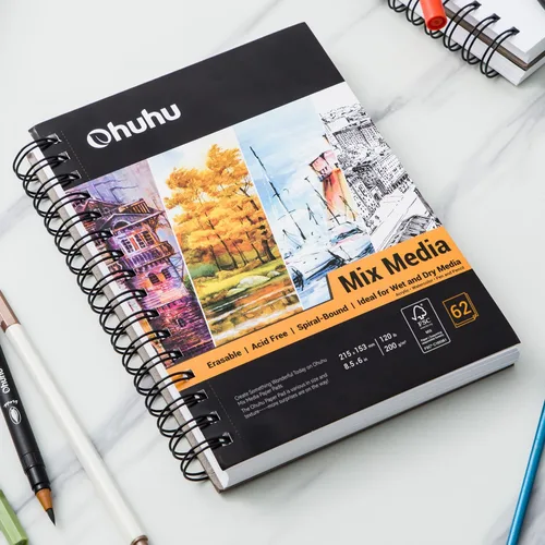 Miniatura 8 de Ohuhu Mix Media Pad, cuaderno de bocetos de arte mixto de 8.5 x 6 pulgadas, papel pesado de 120 lb/200 g/m², 62 hojas/124 páginas, cuaderno de papel
