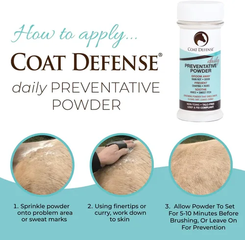 Miniatura 4 de Coat Defense Polvo preventivo diario y tratamiento de pudrición por lluvia para caballos Picazón dulce equino seguro y eficaz, piel funk, arañazos