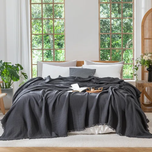 Miniatura 12 de MooMee - Manta de muselina 100% algodón, manta de 4 capas de gasa con borlas, ultra suave, transpirable, ligera y refrescante para cama y sofá Verde