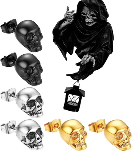 3 pares de aretes de calavera de Halloween, aretes de hip-hop, aretes retro para hombres y mujeres, aretes de calavera gótica, aretes Cool Rock punk