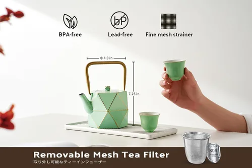Miniatura 4 de Toptier - Tetera de hierro fundido, hervidor de té seguro para estufa japonés de hierro fundido, tetera de diseño de diamante con infusor removible