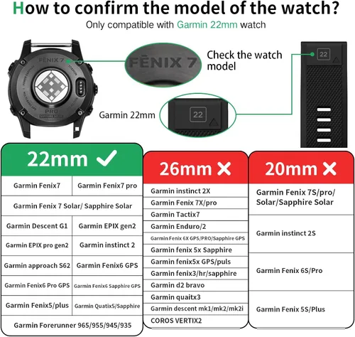 Miniatura 2 de Correa de reloj compatible con Fenix, correa de reloj Garmin de 0.866 in, silicona suave, repuesto para Fenix 5/5 Plus/6/6 Pro/7/Forerunner Negro