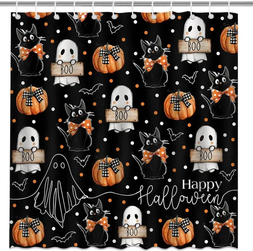 Miniatura 8 de Mocsicka Cortina de ducha de Halloween con dibujos animados, fantasma, lindo gato negro, calabaza, cortina de ducha de baño, cortina de ducha