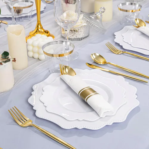 Miniatura 5 de COLOSUS Juego de cubiertos dorados desechables de 350 piezas de plástico blanco para fiesta: 50 platos de cena, 50 platos de postre, 50 servilletas