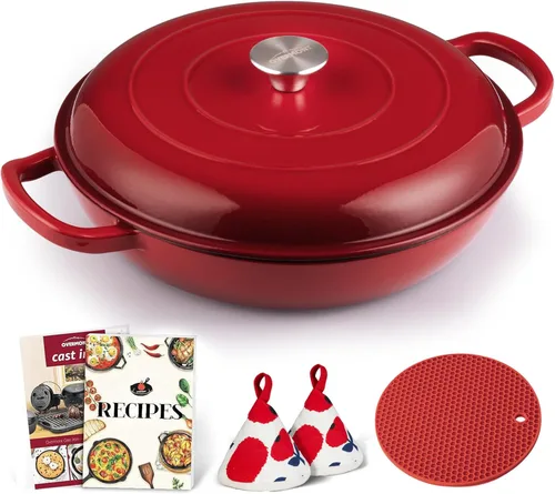 Miniatura 8 de Overmont Horno holandés de hierro fundido esmaltado, olla holandesa de 3.8 cuartos de galón con tapa, sartén poco profunda para estofar, cacerola