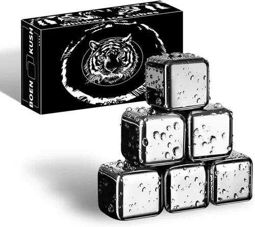 Miniatura 10 de 4 piedras grandes para whisky de 64 cm³ (4 pulg³) - Juego para regalo de hombre - Cubos esféricos de hielo de acero inoxidable reutilizables para 4