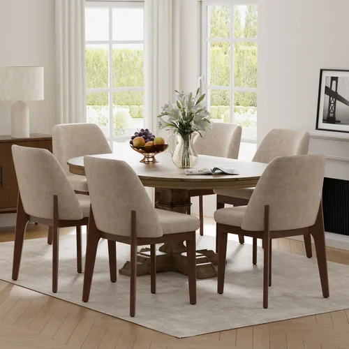 Miniatura 8 de VKNOW Juego de 2 sillas de comedor modernas, sillas de cocina de piel sintética con patas de madera, sillas laterales tapizadas para cocina, Beige